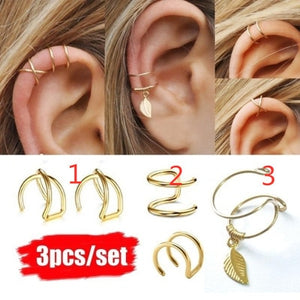 3Pcs/Set Simple Ear Cuffs for Women Gold Leaf Ear Cuff Clip Earrings Climbers Earcuff No Piercing Fake Cartilage Earring