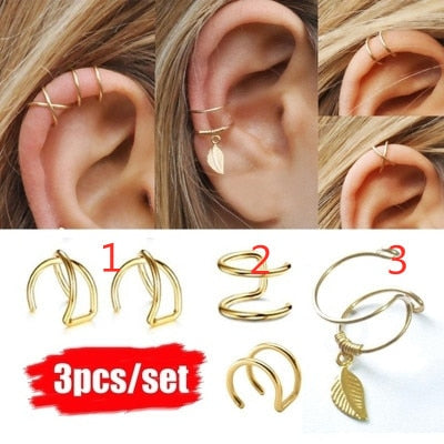 3Pcs/Set Simple Ear Cuffs for Women Gold Leaf Ear Cuff Clip Earrings Climbers Earcuff No Piercing Fake Cartilage Earring